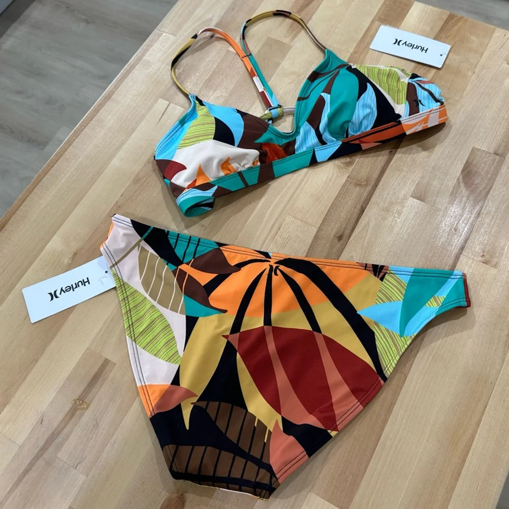New! Hurley Multicolor Tropical Beach Leaf Print Bikini Size Large - Picture 3 of 14